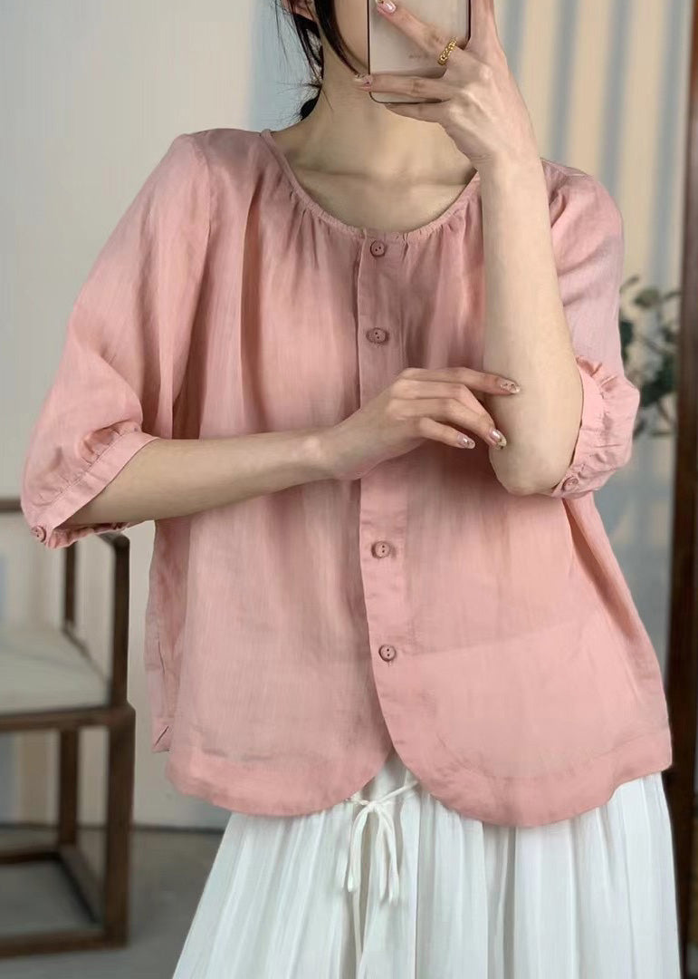Loose White O Neck Button Linen Shirts Summer