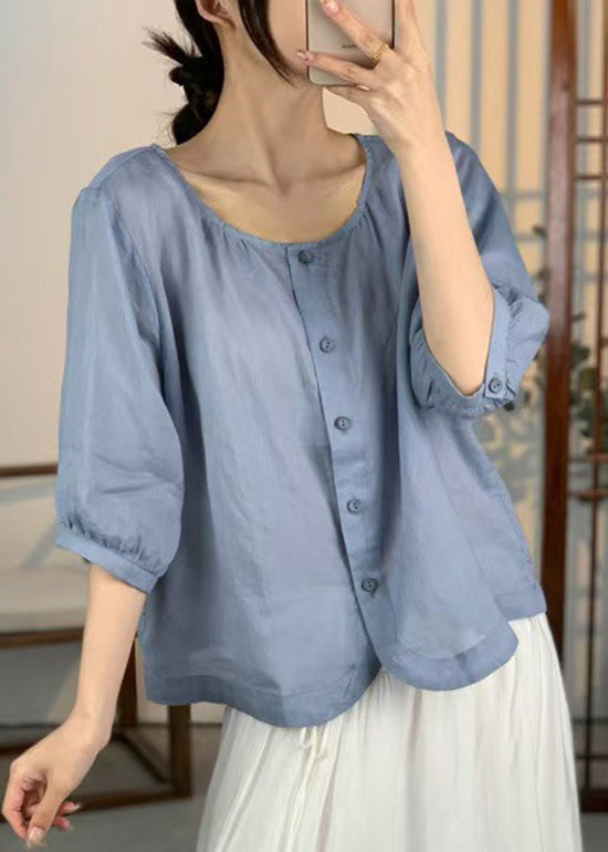 Loose White O Neck Button Linen Shirts Summer