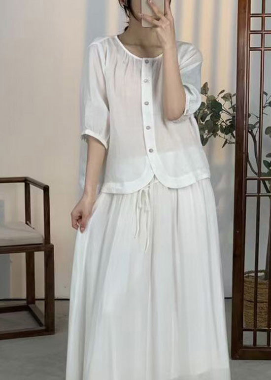 Loose White O Neck Button Linen Shirts Summer