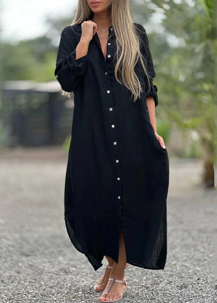 Loose White O-Neck Button Side Open Vacation Long Dresses Fall