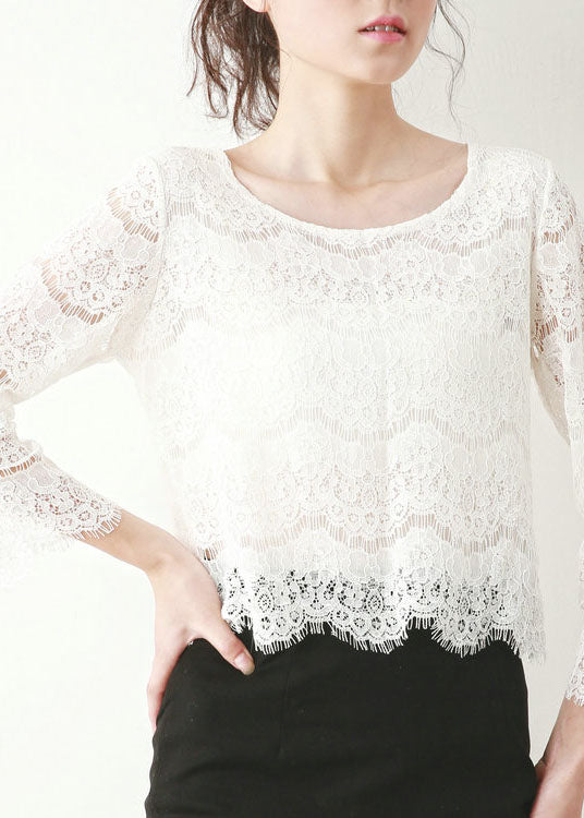 Loose White O Neck Hollow Out Lace Top Fall