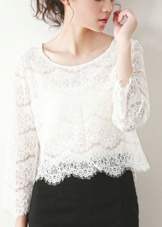 Loose White O Neck Hollow Out Lace Top Fall