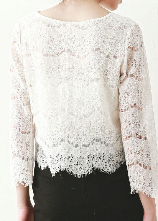 Loose White O Neck Hollow Out Lace Top Fall