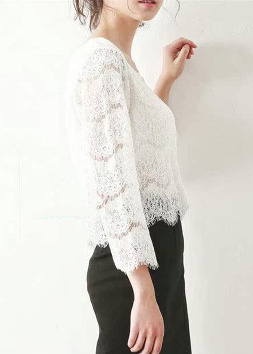 Loose White O Neck Hollow Out Lace Top Fall
