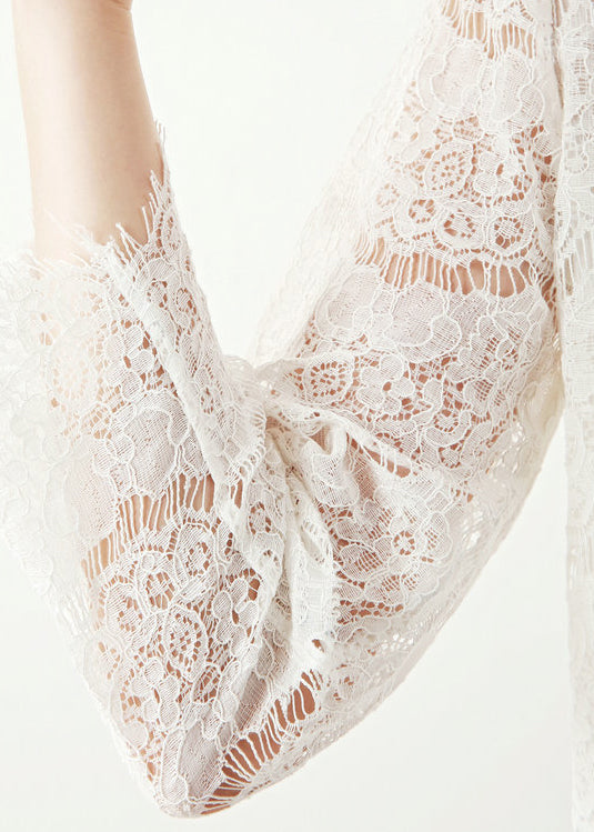 Loose White O Neck Hollow Out Lace Top Fall