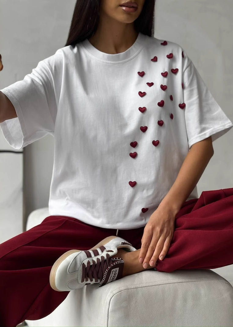 Loose White O Neck Love Cotton T Shirt Summer