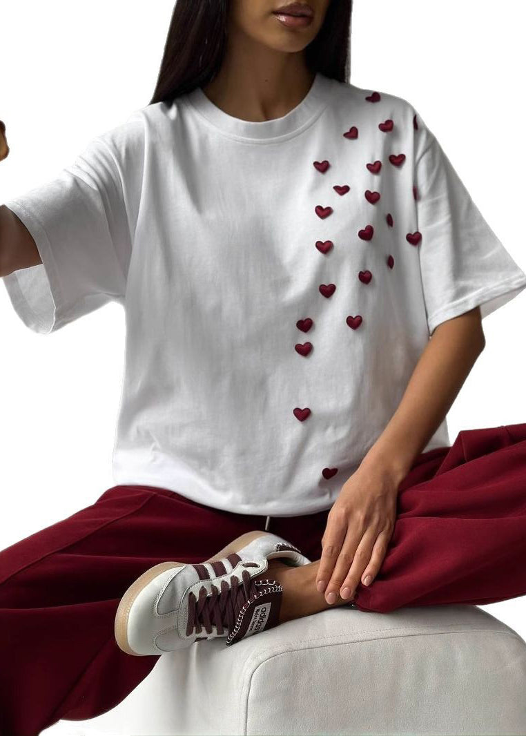 Loose White O Neck Love Cotton T Shirt Summer