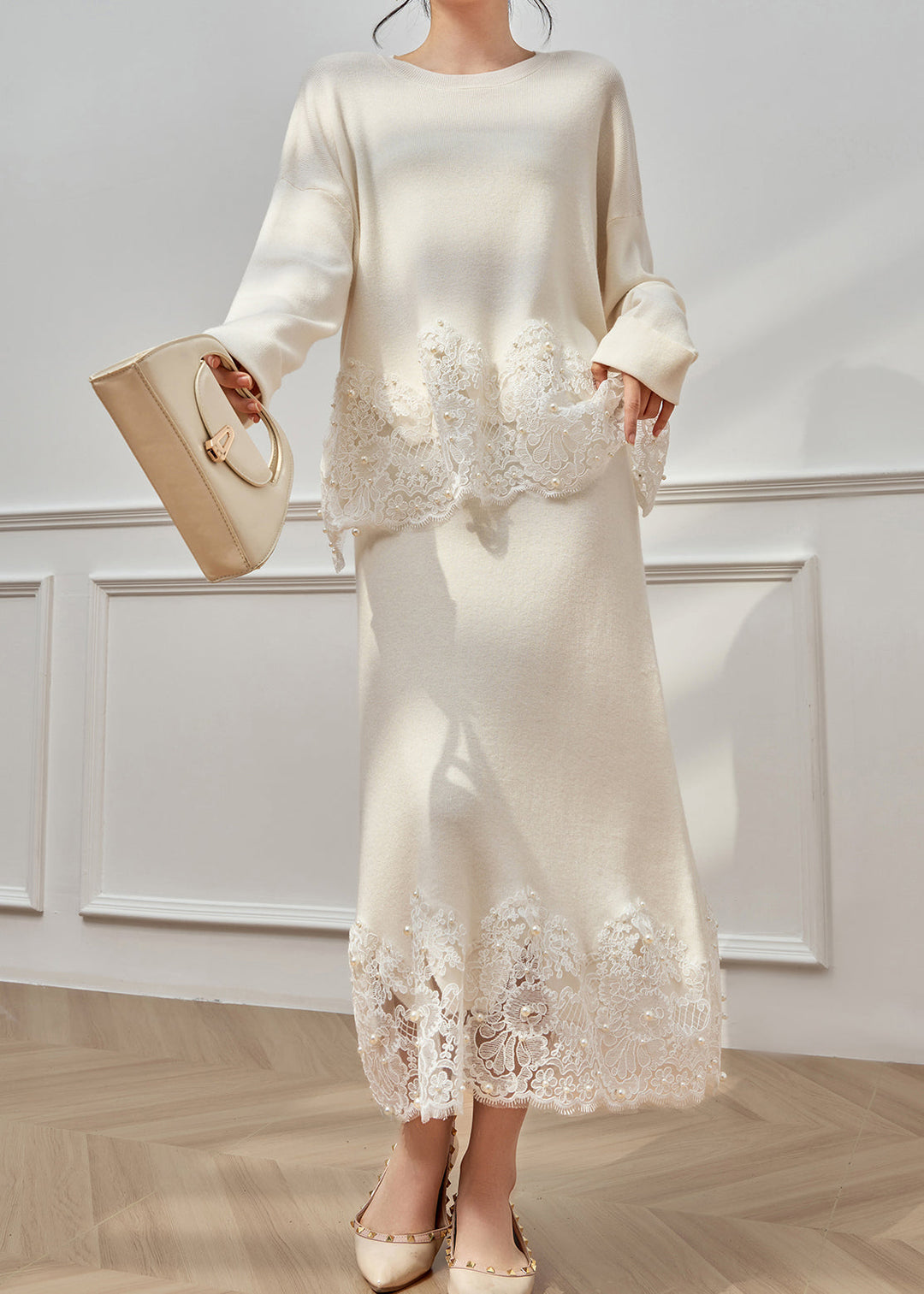 Loose White O Neck Pearl Lace Patchwork Knit Two Pieces Set Winter