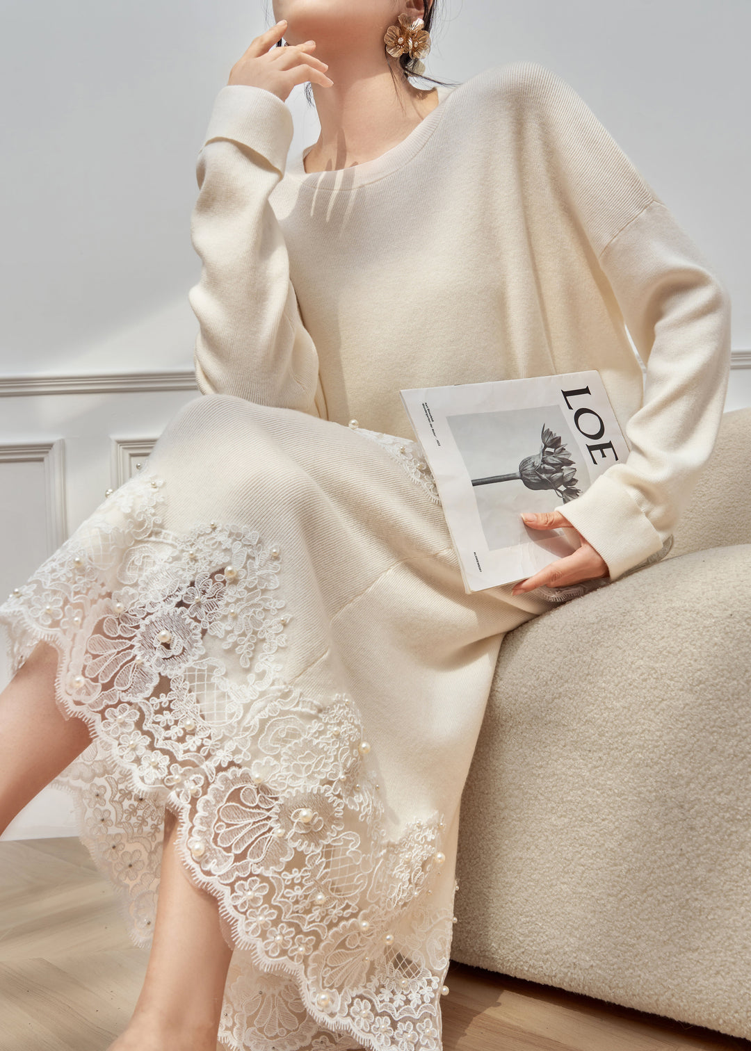 Loose White O Neck Pearl Lace Patchwork Knit Two Pieces Set Winter