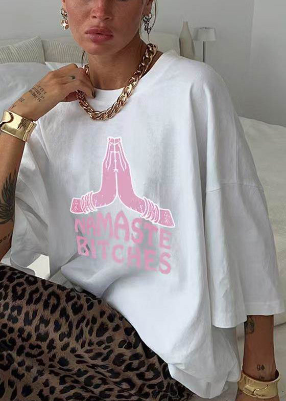 Loose White O Neck Print Cotton T Shirts Half Sleeve