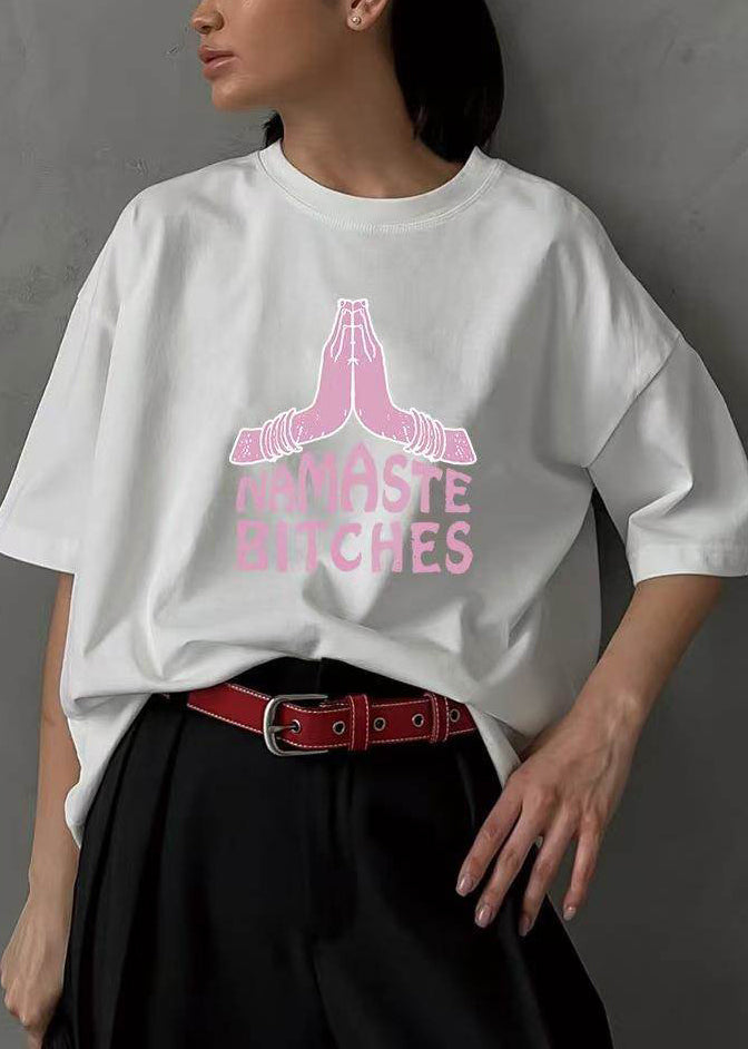 Loose White O Neck Print Cotton T Shirts Half Sleeve