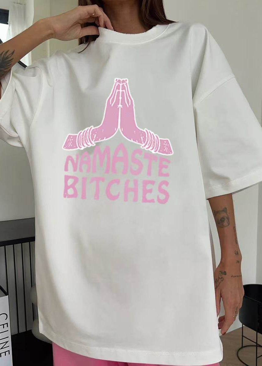 Loose White O Neck Print Cotton T Shirts Half Sleeve