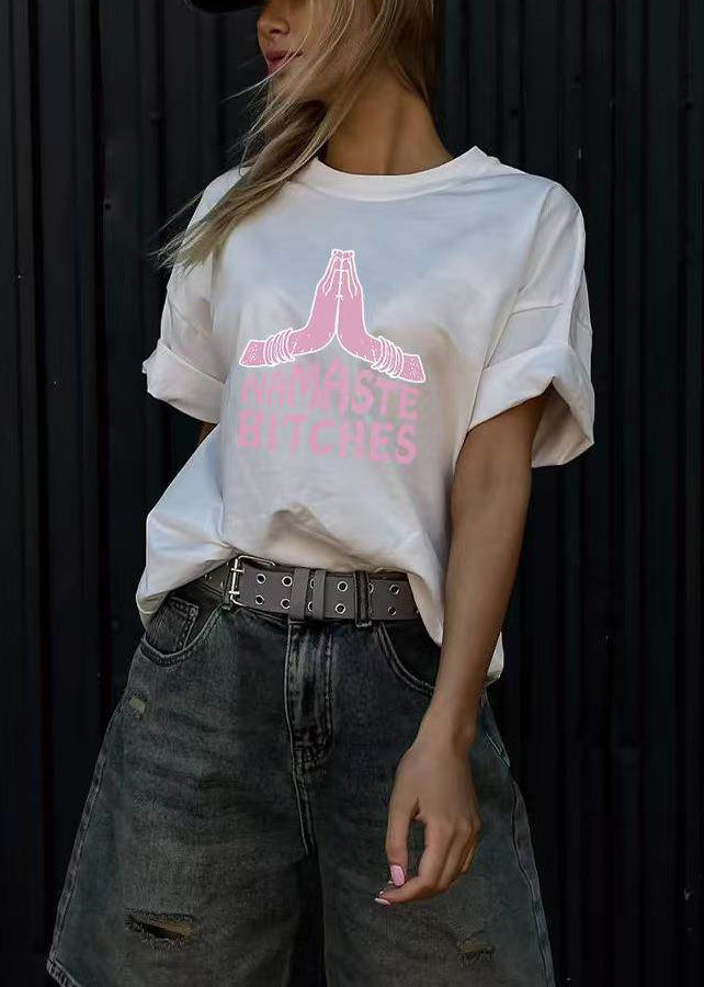 Loose White O Neck Print Cotton T Shirts Half Sleeve