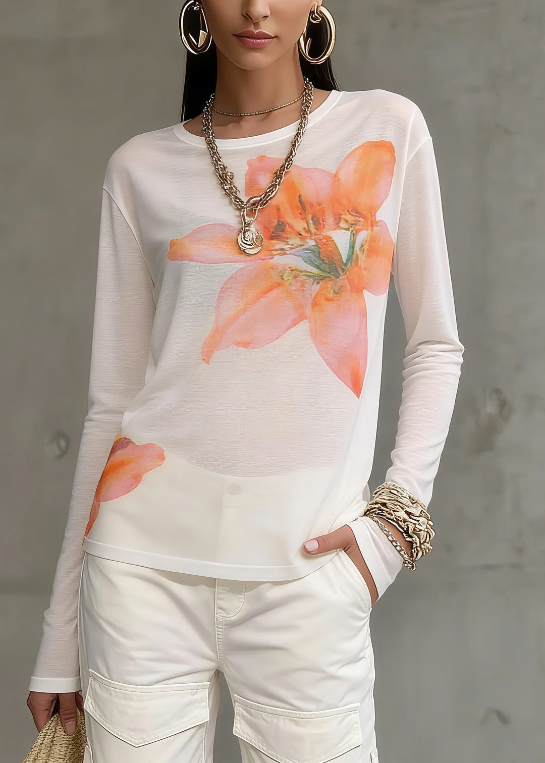 Loose White O-Neck Print Tops Spring