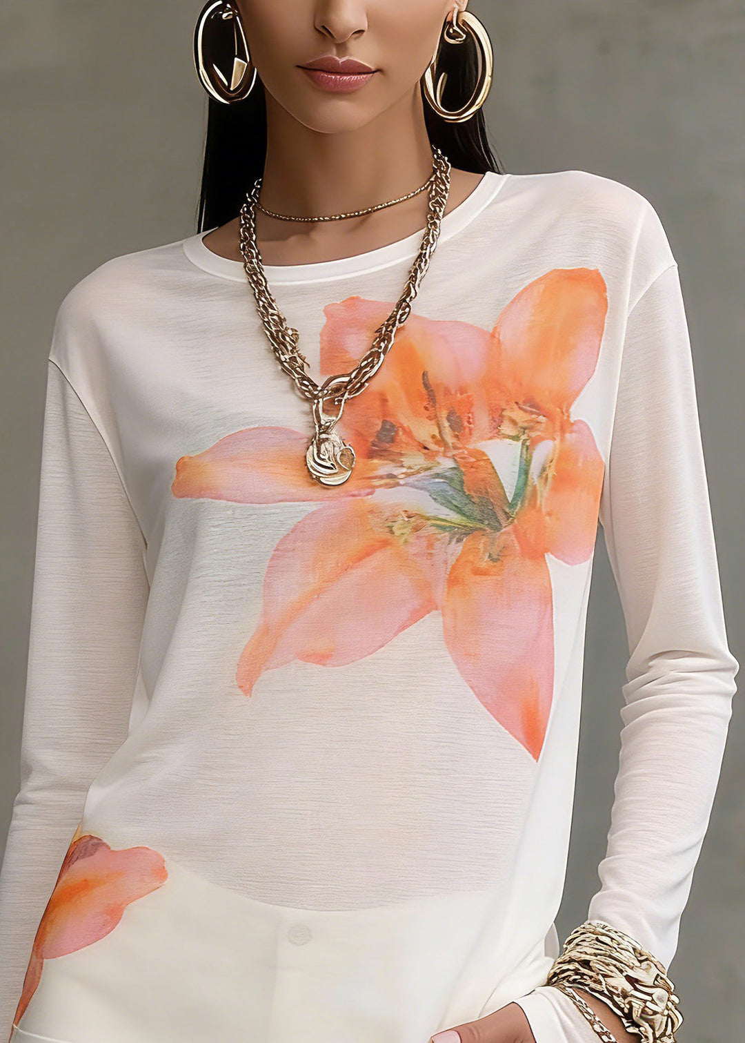 Loose White O-Neck Print Tops Spring