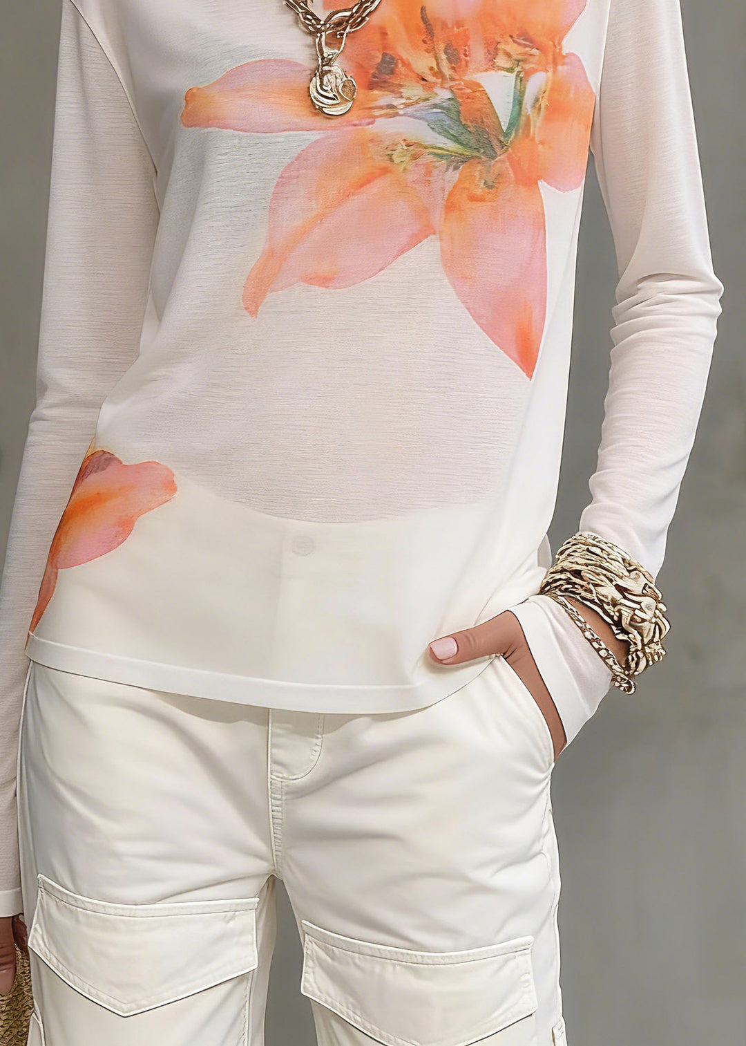 Loose White O-Neck Print Tops Spring