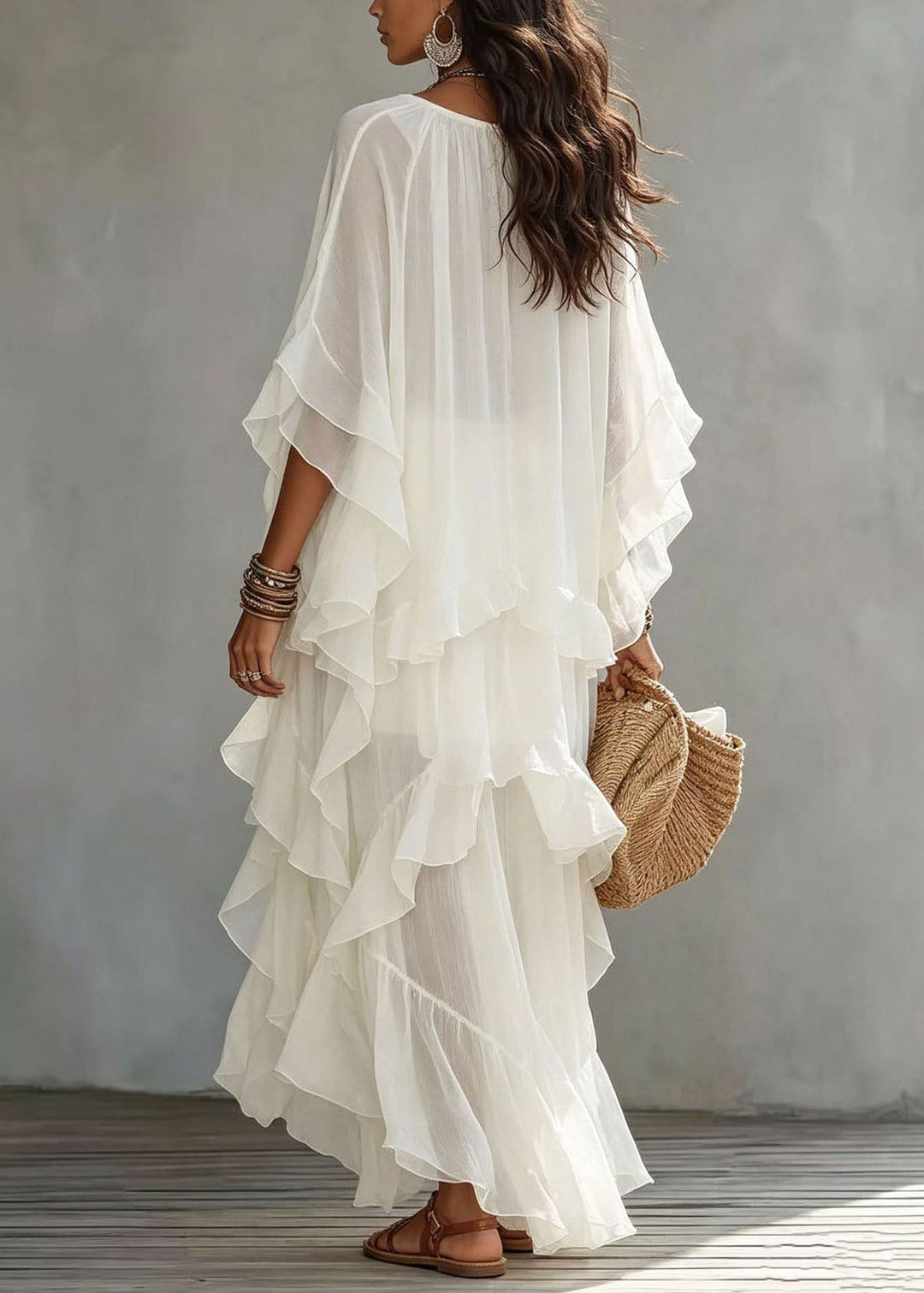 Loose White O-Neck Ruffled Asymmetrical Vacation Dress Summer