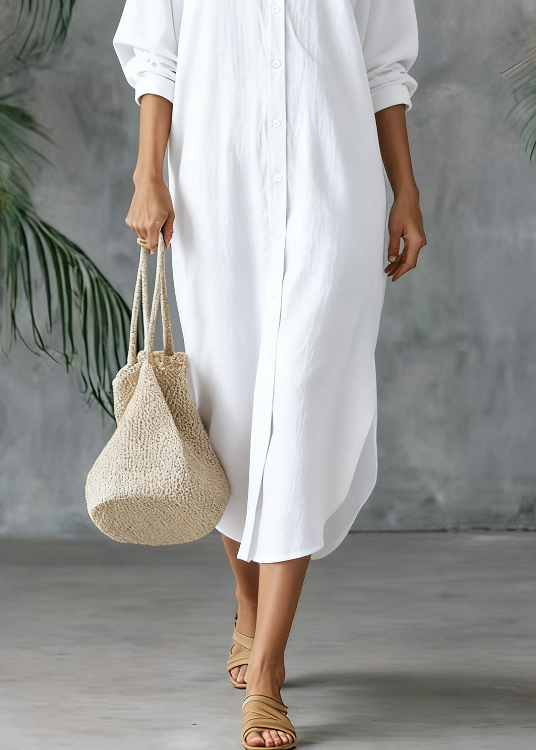 Loose White Peter Pan Collar Button Side Open Linen Shirts Dresses Spring