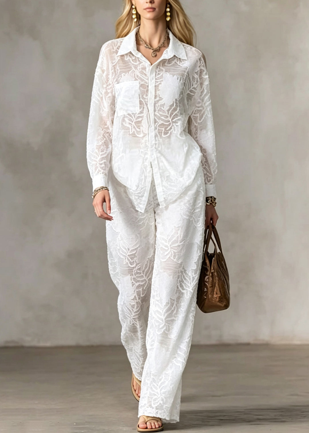 Loose White Peter Pan Collar Cotton Two Piece Set Outfits Long Sleeve