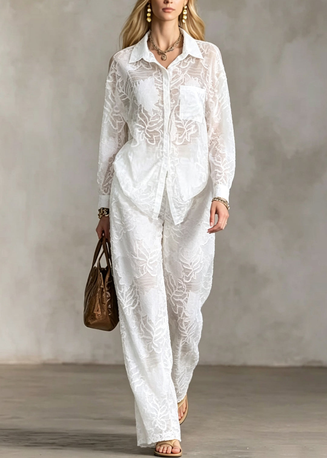 Loose White Peter Pan Collar Cotton Two Piece Set Outfits Long Sleeve