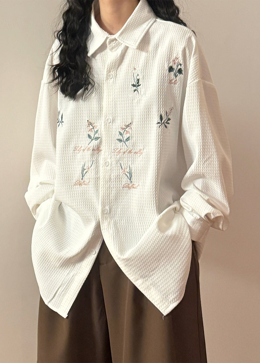 Loose White Peter Pan Collar Embroidered Button Cotton Shirts Spring