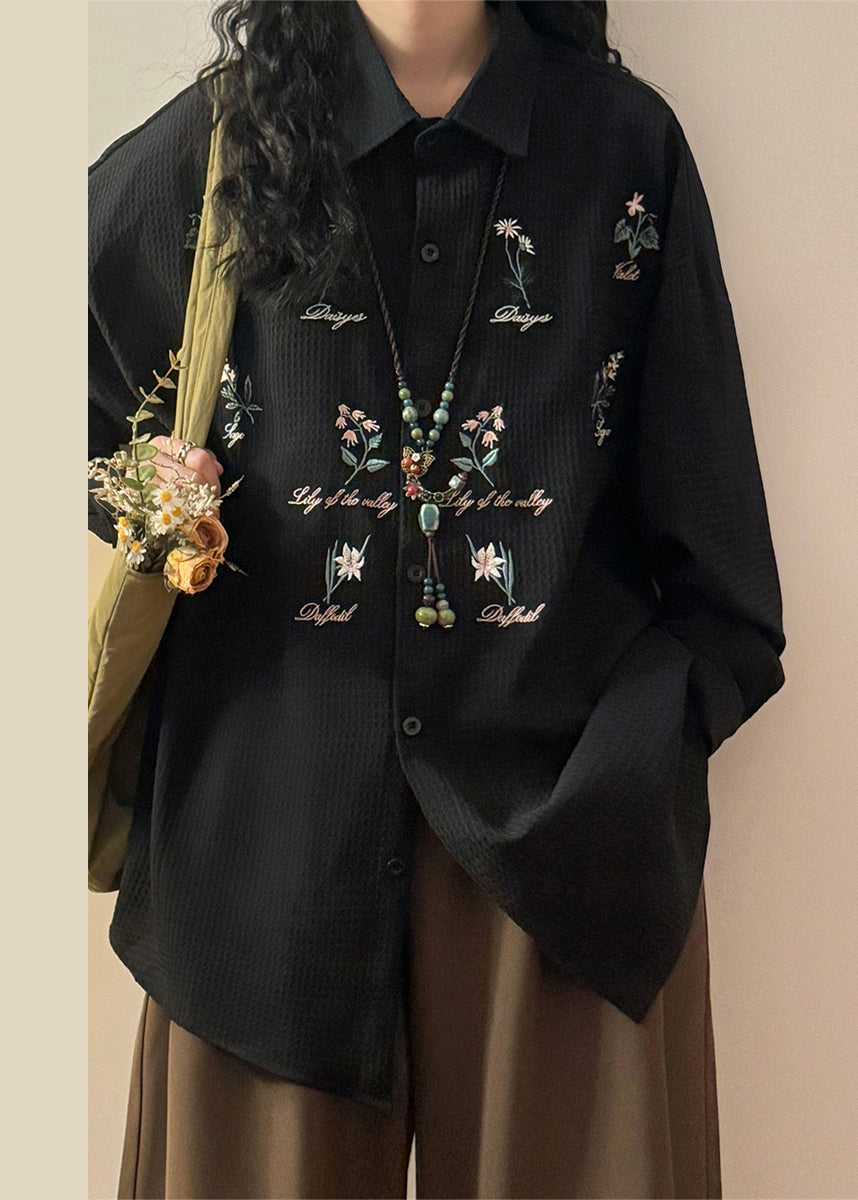 Loose White Peter Pan Collar Embroidered Button Cotton Shirts Spring