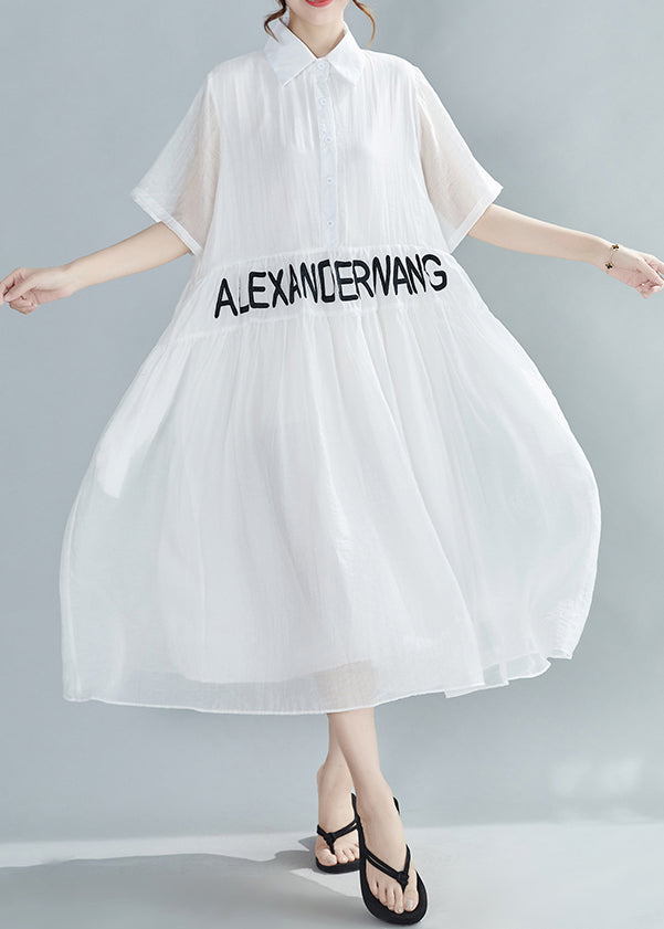Loose White Peter Pan Collar Embroidered Silk Dresses Summer