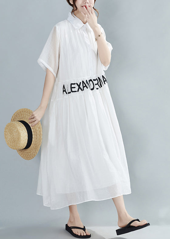 Loose White Peter Pan Collar Embroidered Silk Dresses Summer
