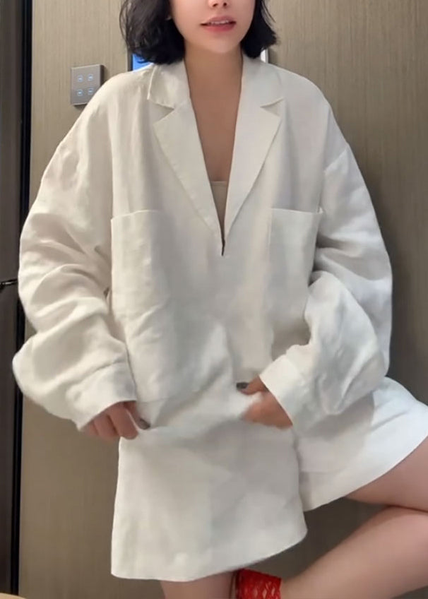 Loose White Peter Pan Collar Shirts And Shorts Linen Two Piece Set Summer