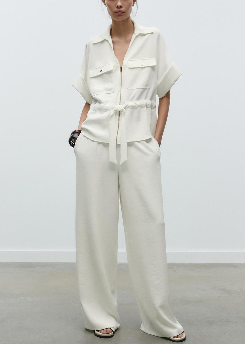 Loose White Peter Pan Collar Tie Waist Cotton Two Pieces Set Summer