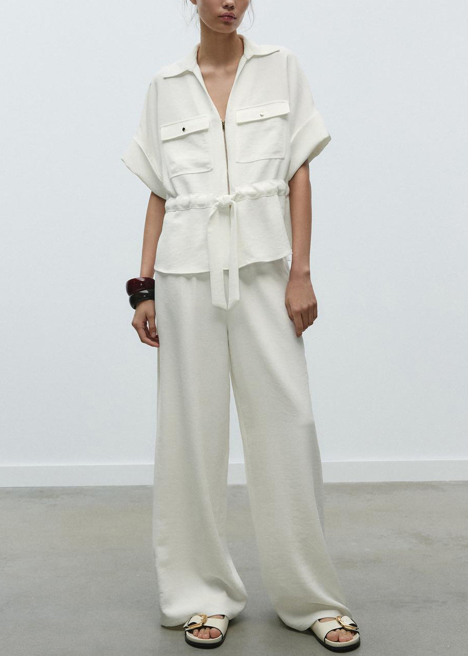 Loose White Peter Pan Collar Tie Waist Cotton Two Pieces Set Summer