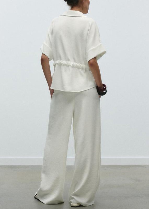 Loose White Peter Pan Collar Tie Waist Cotton Two Pieces Set Summer
