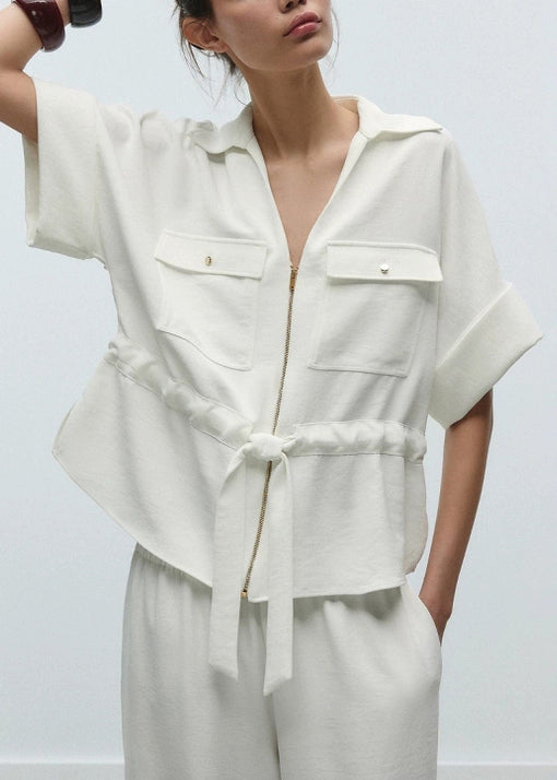 Loose White Peter Pan Collar Tie Waist Cotton Two Pieces Set Summer