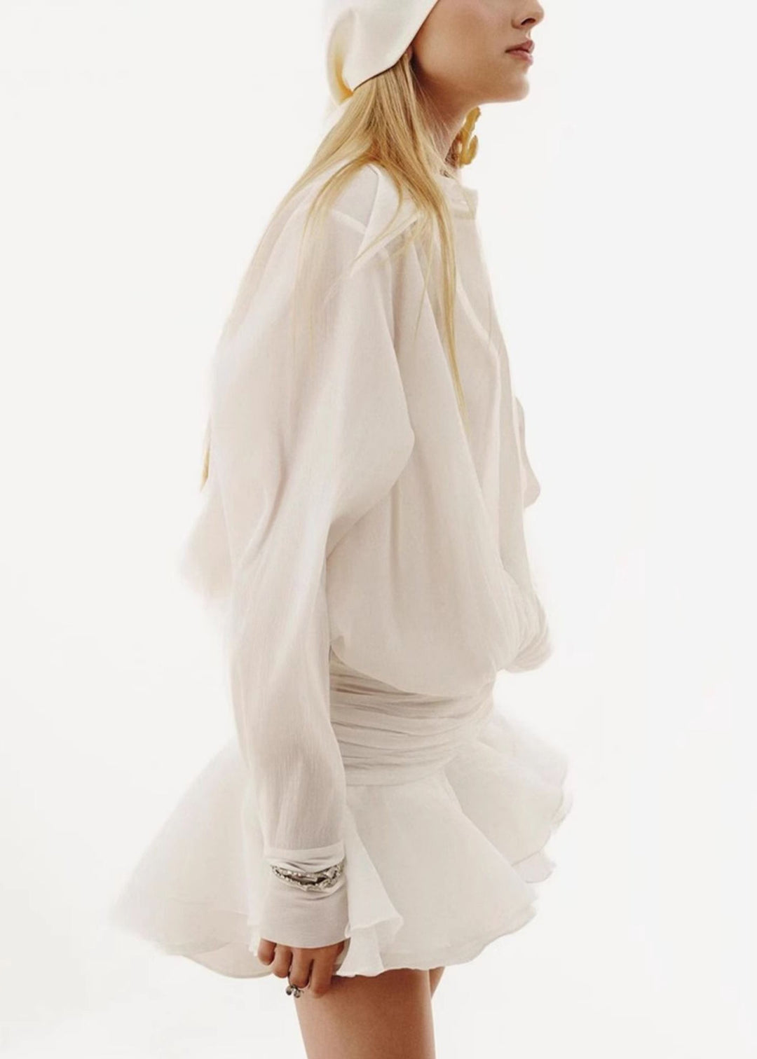 Loose White Peter Pan Collar Wrinkled Chiffon Shirts Dress Spring