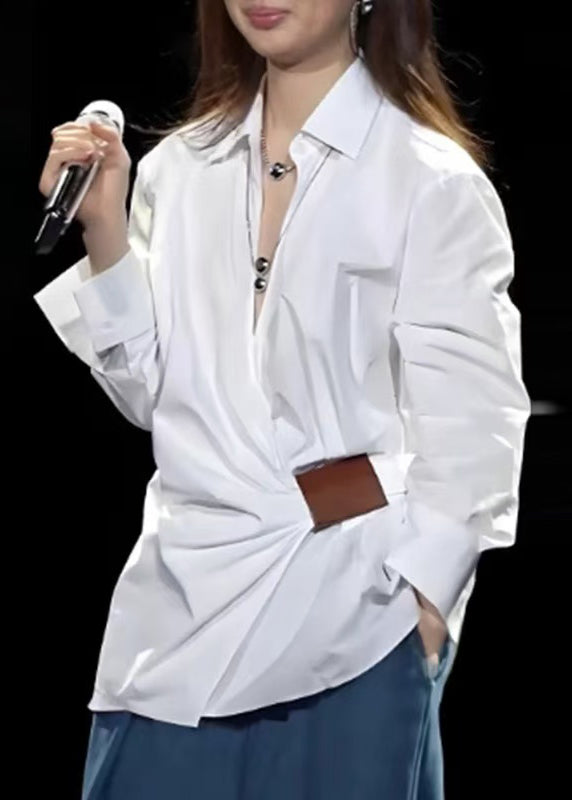 Loose White Peter Pan Collar Wrinkled Cotton Shirt Top Fall