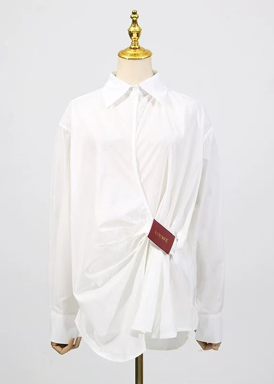 Loose White Peter Pan Collar Wrinkled Cotton Shirt Top Fall