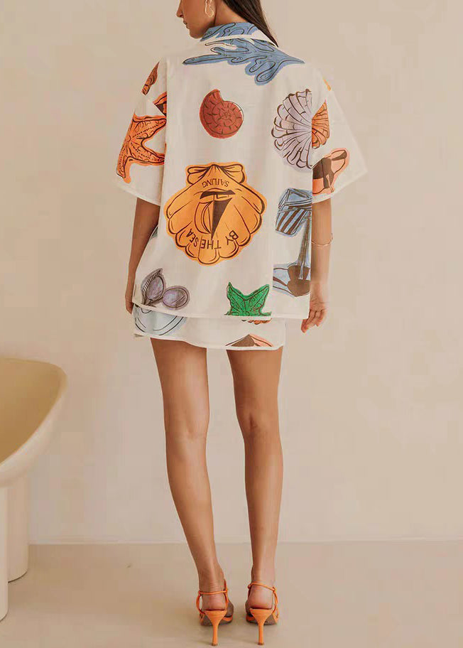 Loose White Print Lace Up Shirts And Skirts Two Pieces Set Summer