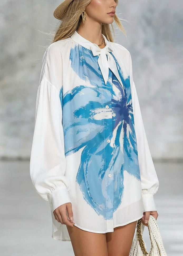 Loose White Print Low High Design Cotton Blouses Spring