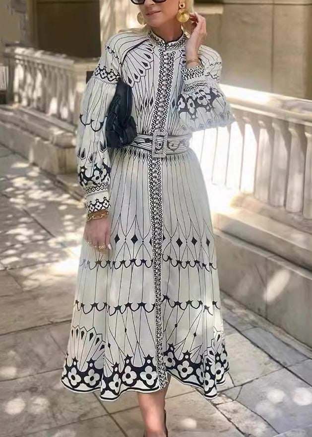 Loose White Print Sashes Cotton Maxi Dress Lantern Sleeve