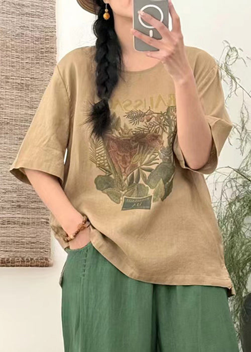 Loose White Print Side Open Linen T Shirts Summer