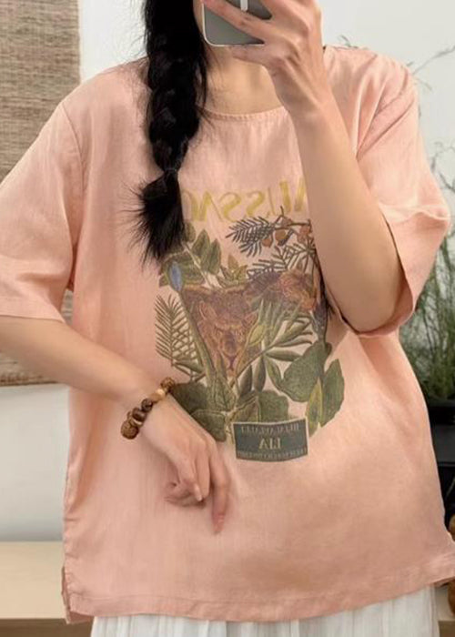 Loose White Print Side Open Linen T Shirts Summer