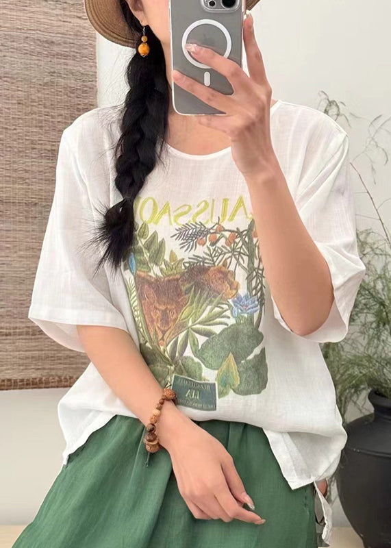 Loose White Print Side Open Linen T Shirts Summer
