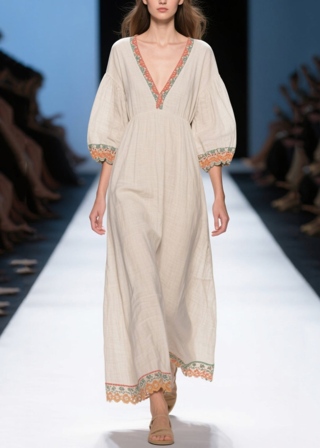 Loose White Puff Sleeve Patchwork Linen Dress Summer