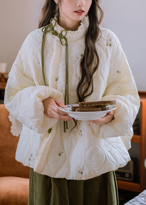 Loose White Ruffled Chinese Button Cotton Filled Parkas Lantern Sleeve