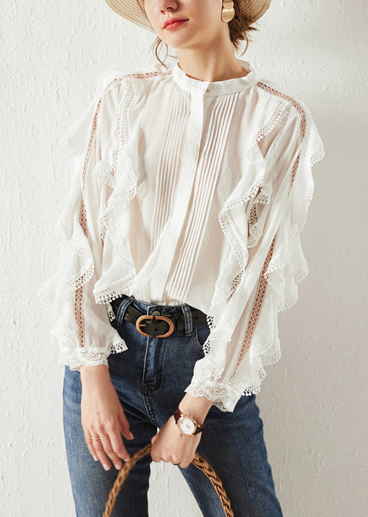 Loose White Ruffled Hollow Out Cotton Shirts Fall