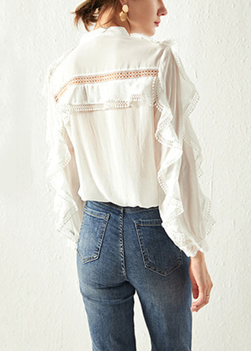 Loose White Ruffled Hollow Out Cotton Shirts Fall