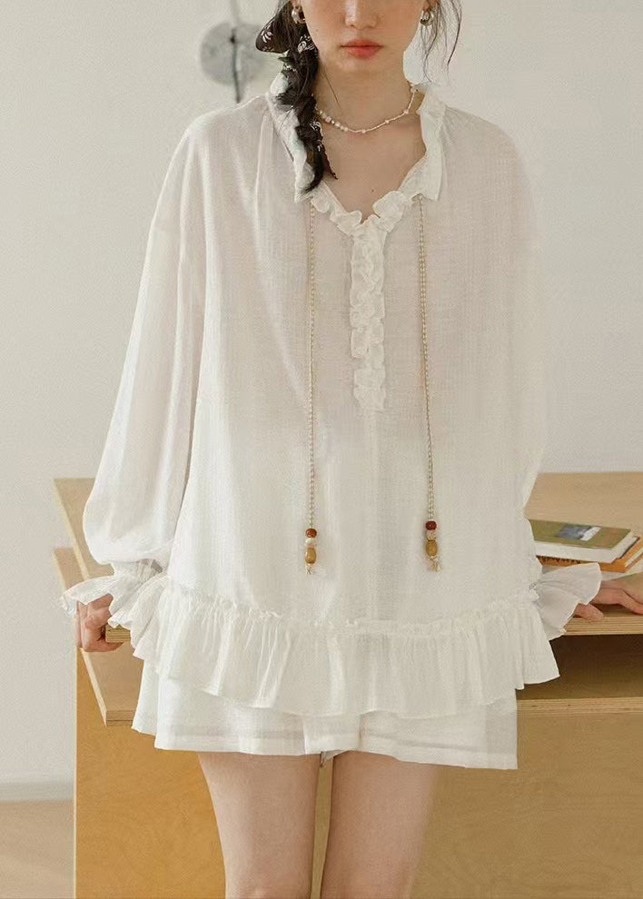 Loose White Ruffled Lace UpCotton Two Pieces Set Butterfly Sleeve