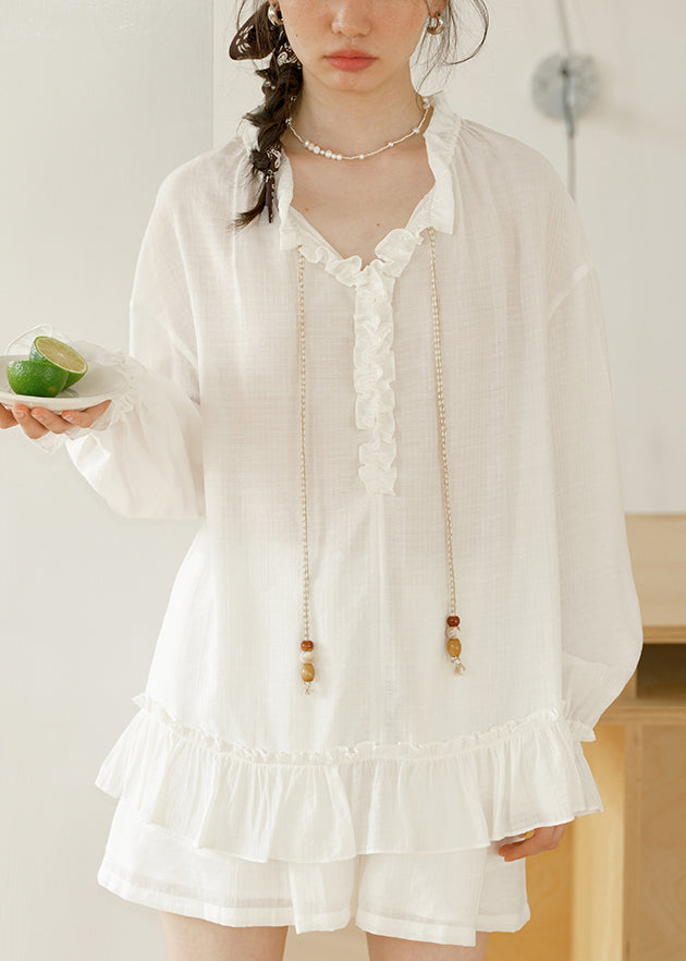 Loose White Ruffled Lace UpCotton Two Pieces Set Butterfly Sleeve