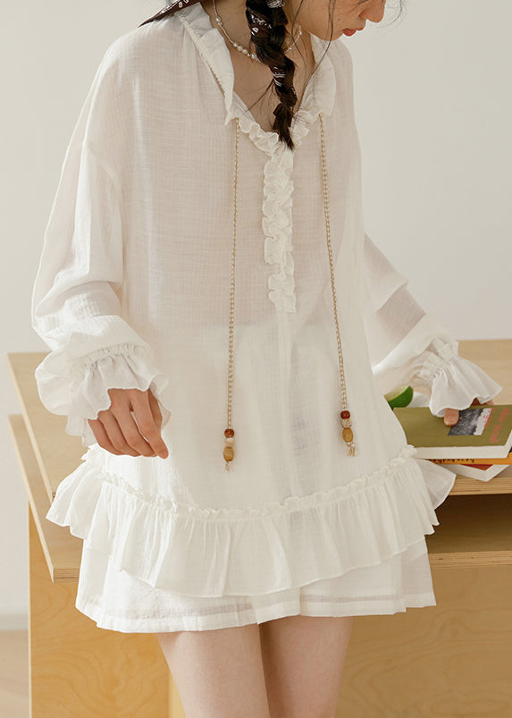 Loose White Ruffled Lace UpCotton Two Pieces Set Butterfly Sleeve