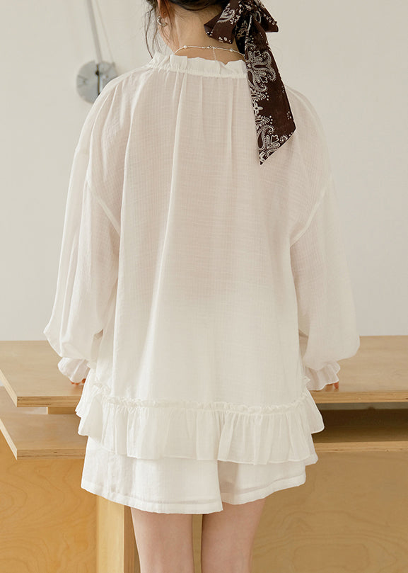 Loose White Ruffled Lace UpCotton Two Pieces Set Butterfly Sleeve